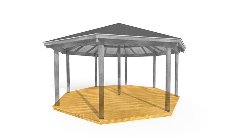 Technical render of a 6M Octagonal Gazebo with Decked Base